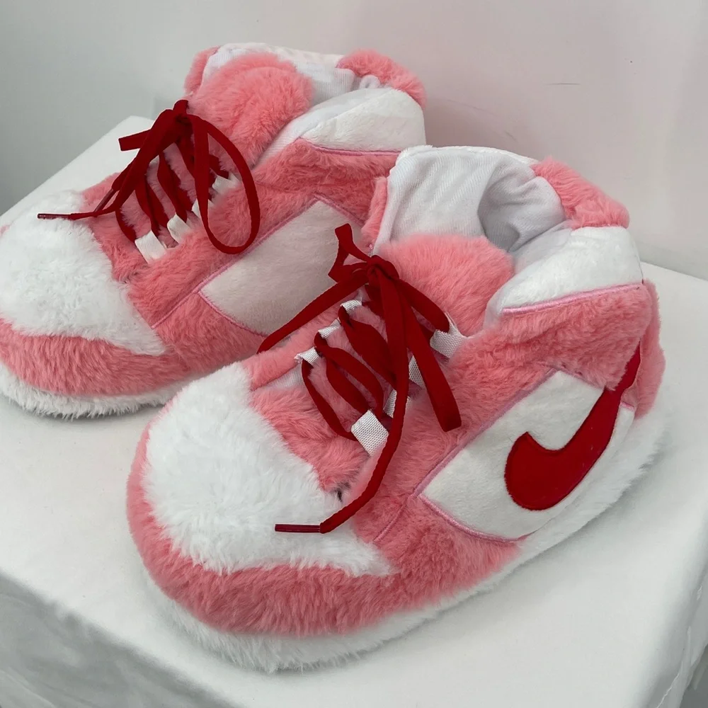 WOMENS SIZE 36-46 Pink & White Plush Sneaker Slippers - Soft Cozy Footwear
